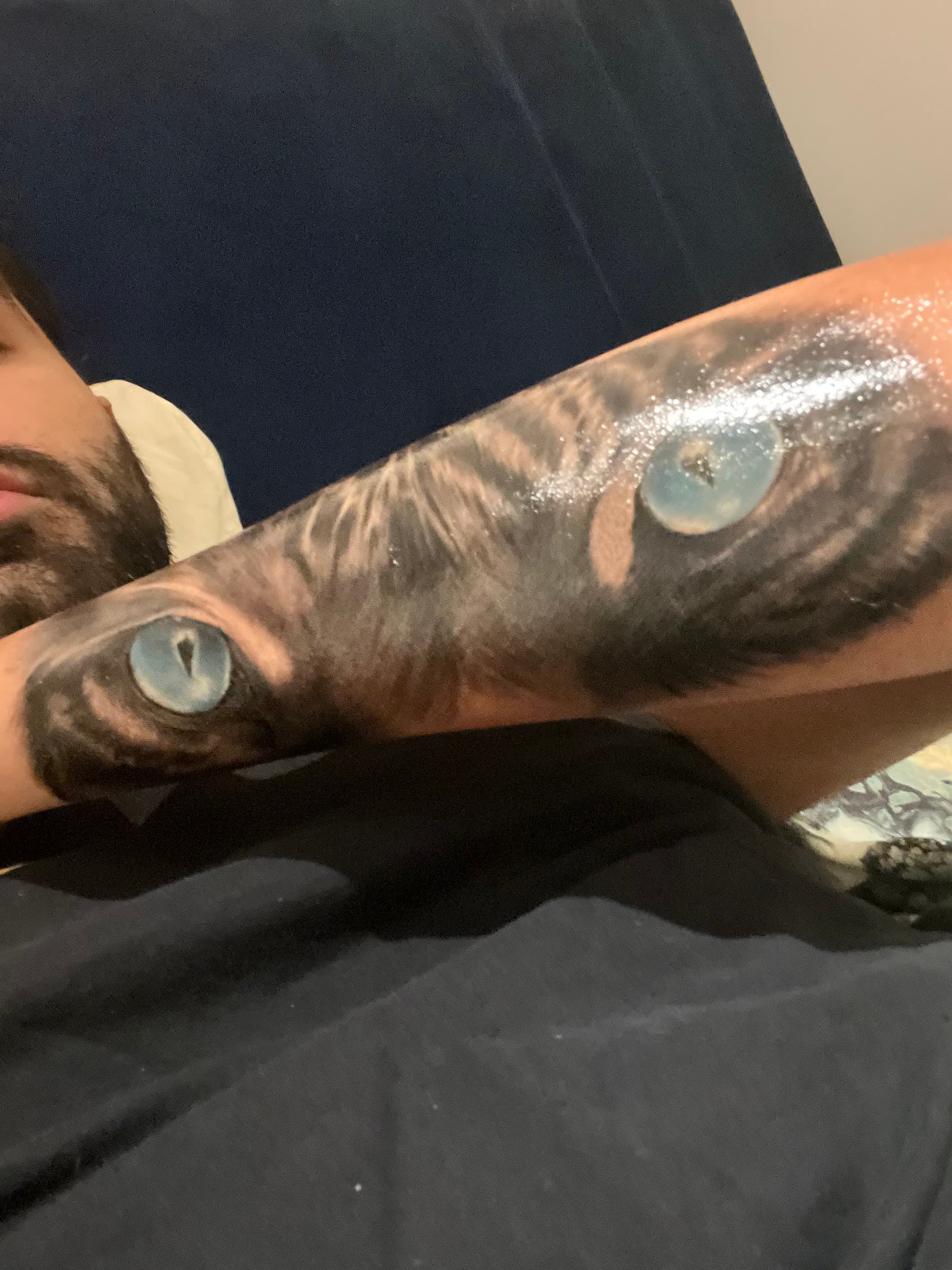 Tiger eyes — hyper-realistic blue irises on outer forearm
