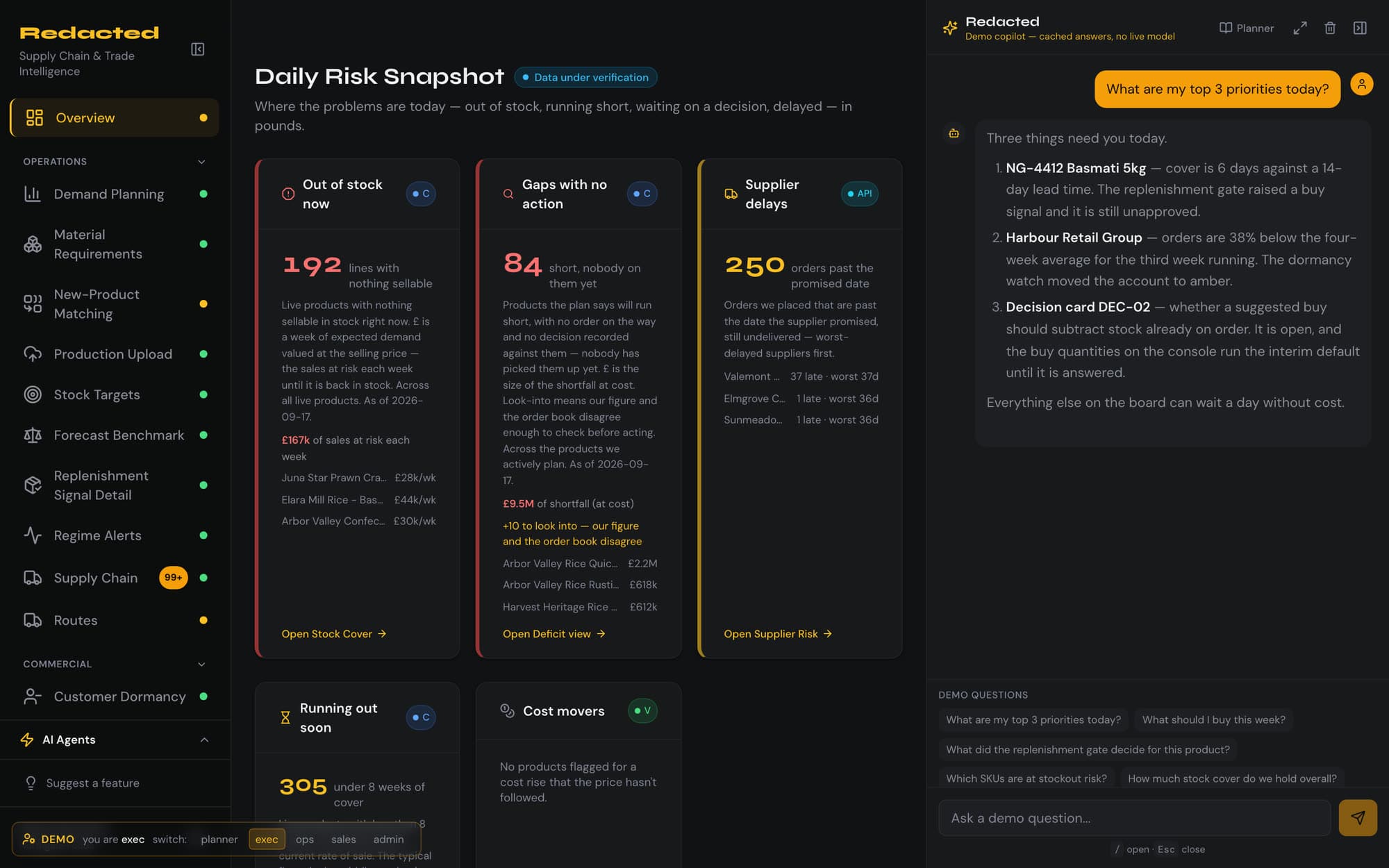 Demo copilot answering a question with three ranked priorities, each with its reason