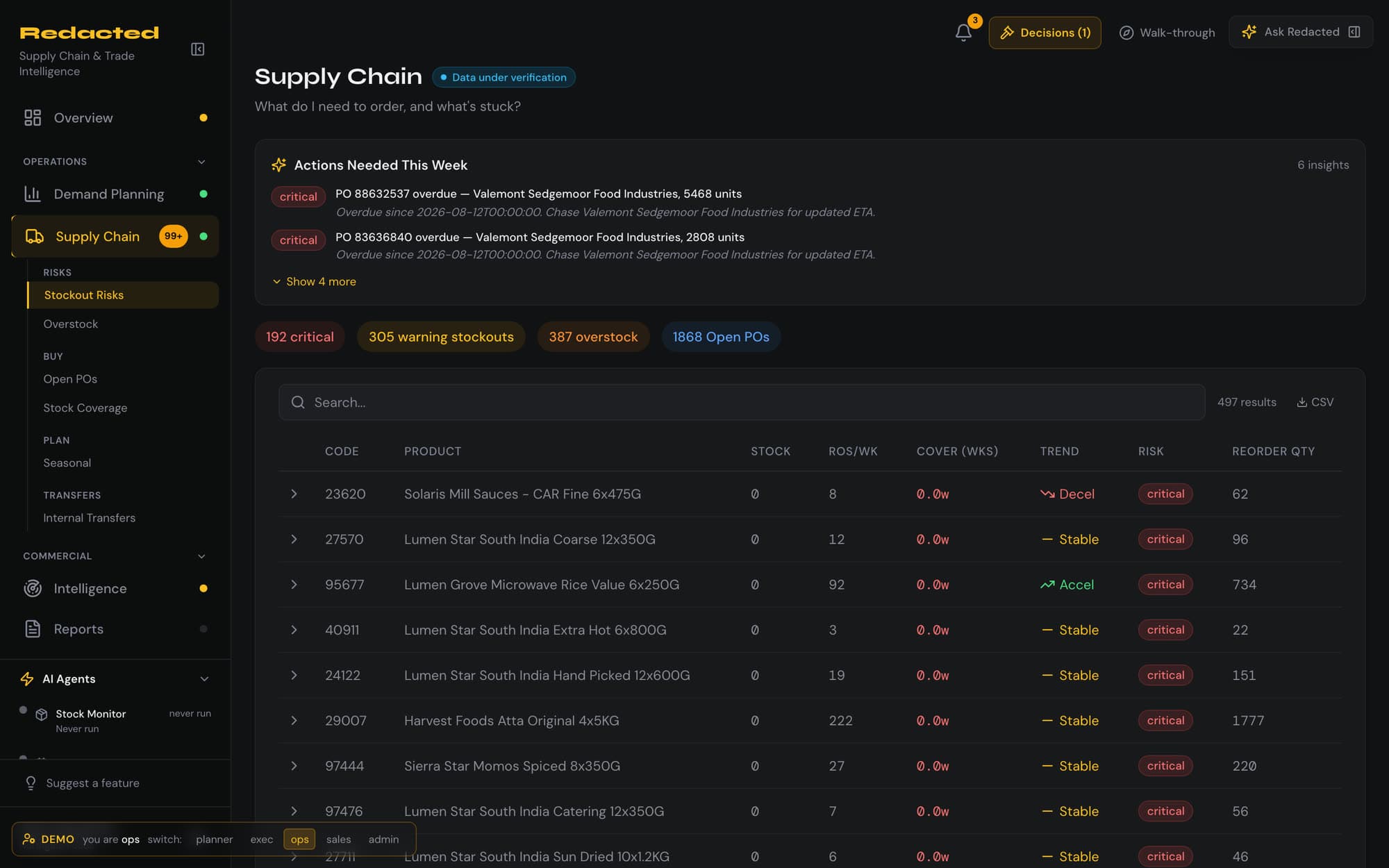 Operations front door: a supply chain stockout-risk table with reorder quantities, a shorter navigation rail, and the agent panel open