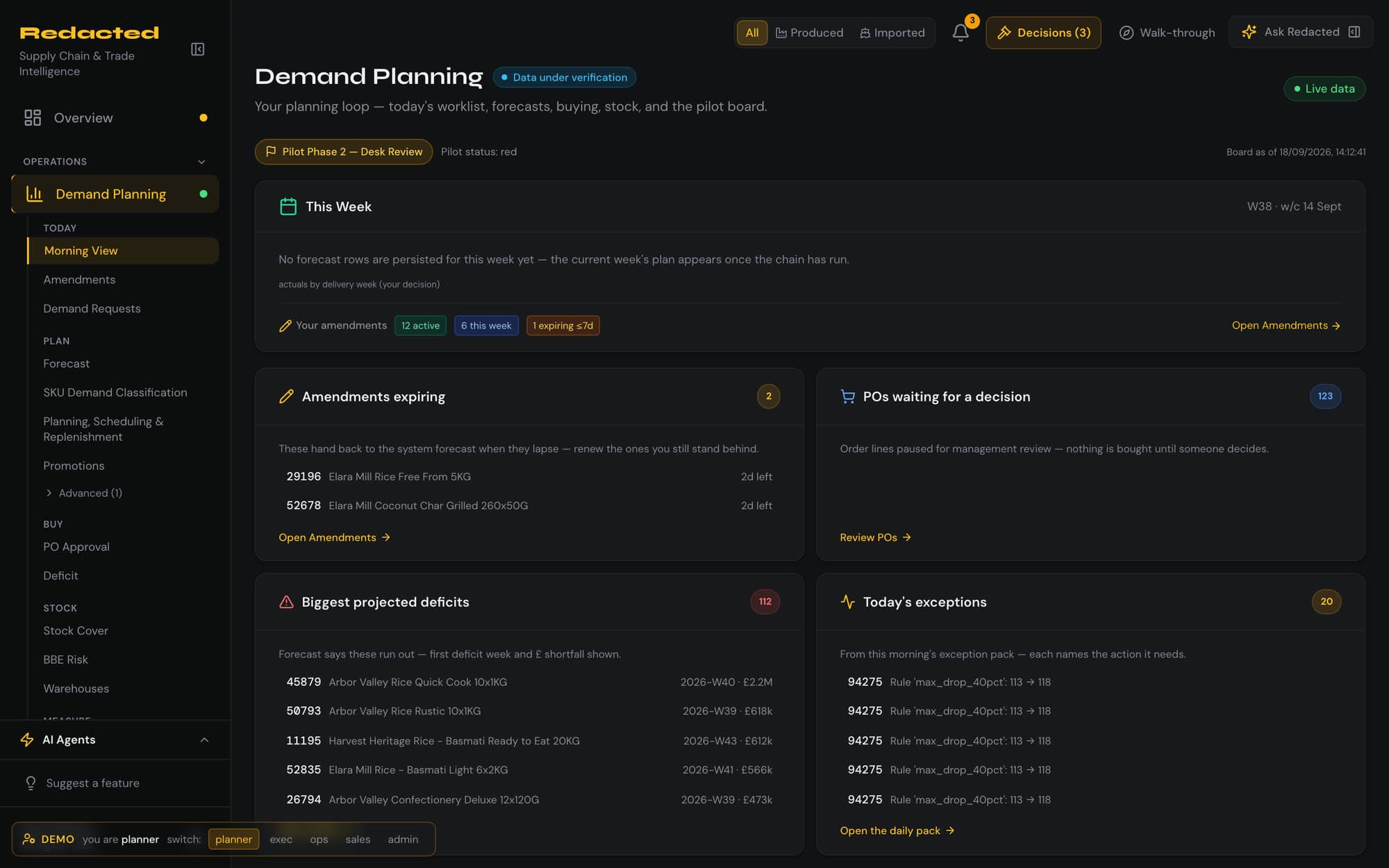 Planner demand-planning console showing expiring amendments, purchase orders awaiting a decision and projected deficits