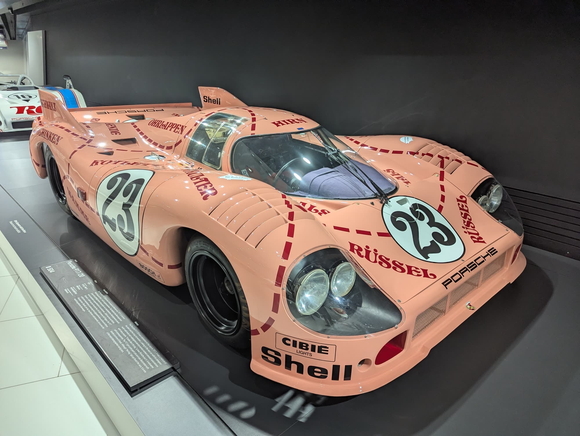 The pink Porsche 917/20, number 23, with butcher’s cuts marked on the body in dashed lines