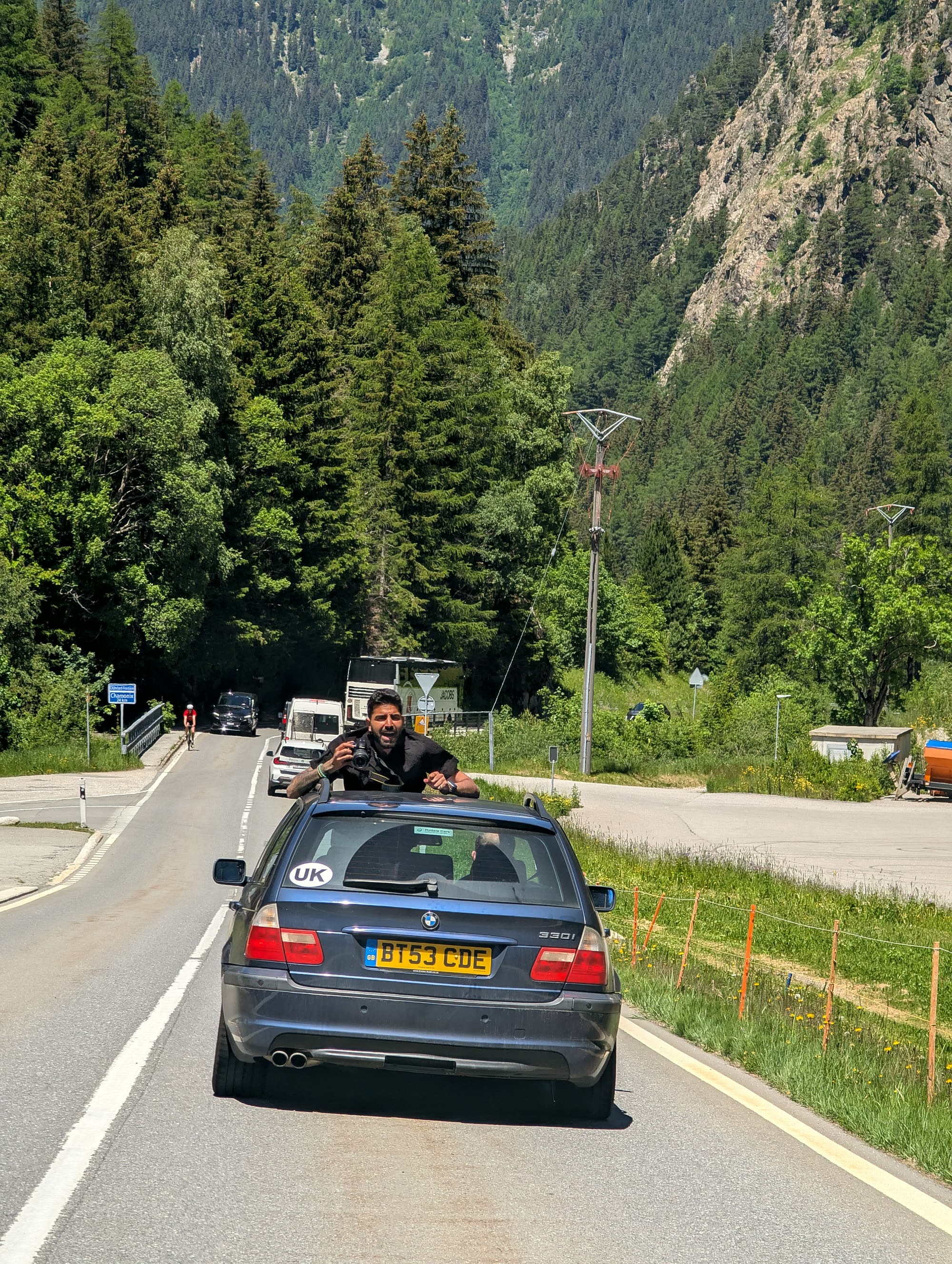 View through the sunroof in the Alps