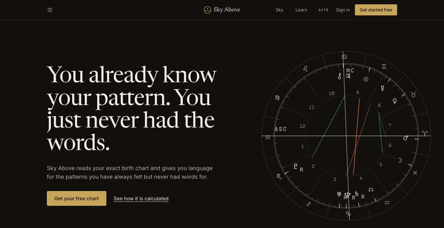 Sky Above relaunch landing — headline beside a live natal chart wheel