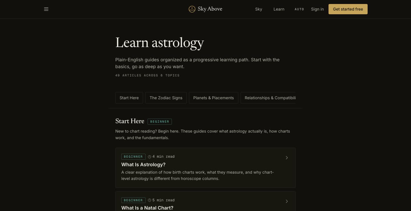 Learn astrology — a progressive library of plain-English guides