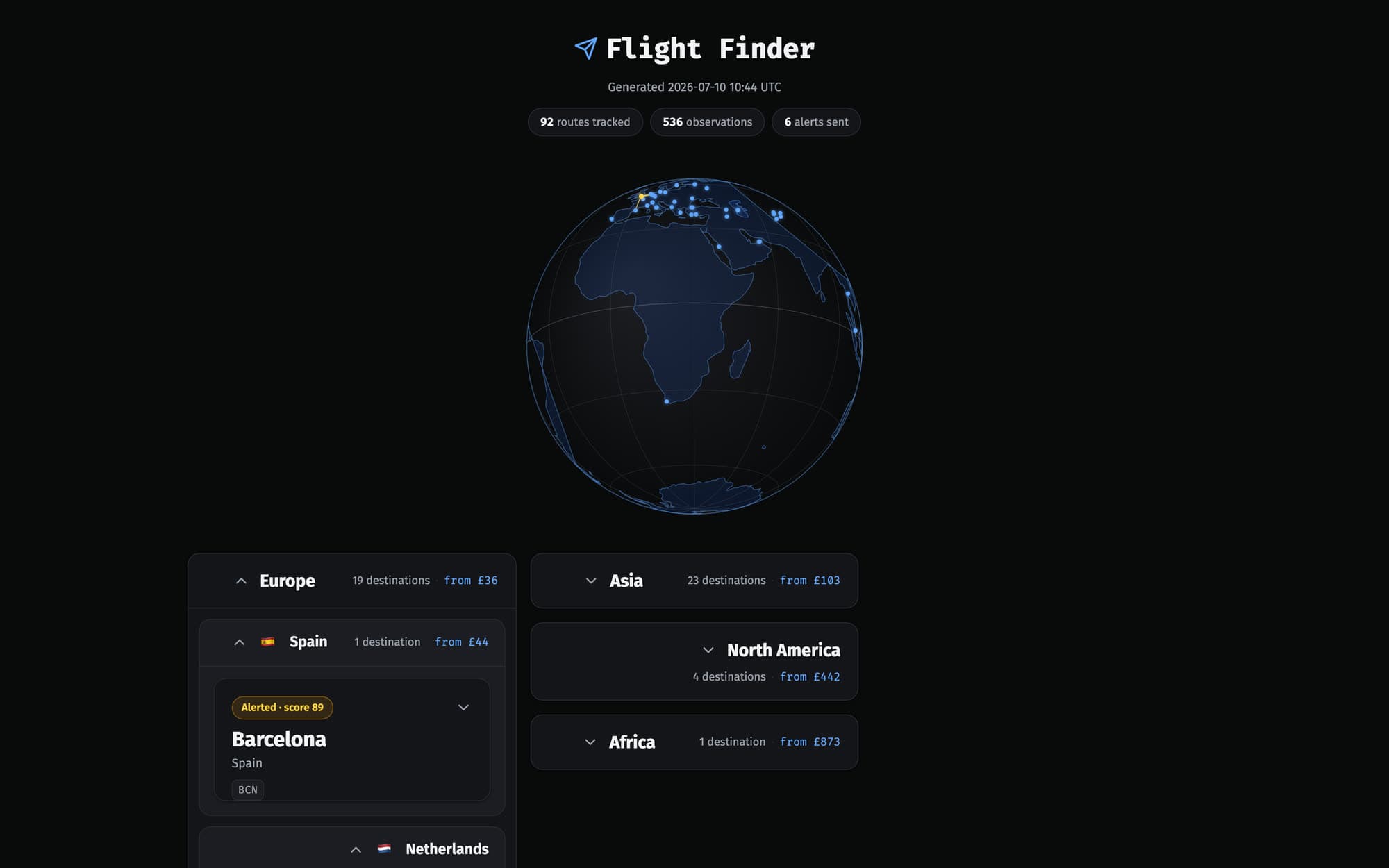 Flight Finder dashboard with orthographic globe