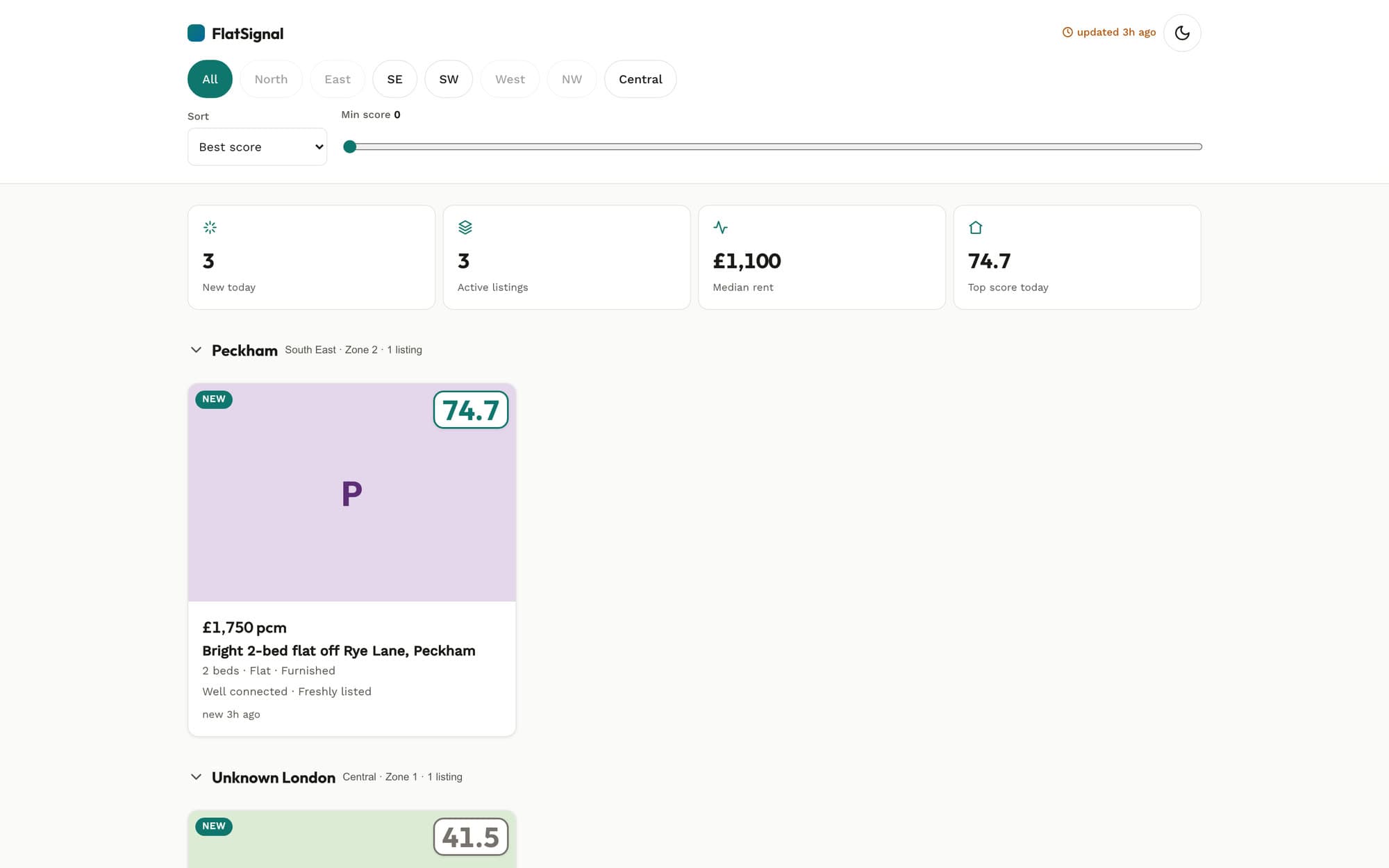 FlatSignal dashboard — area-sectioned listing board