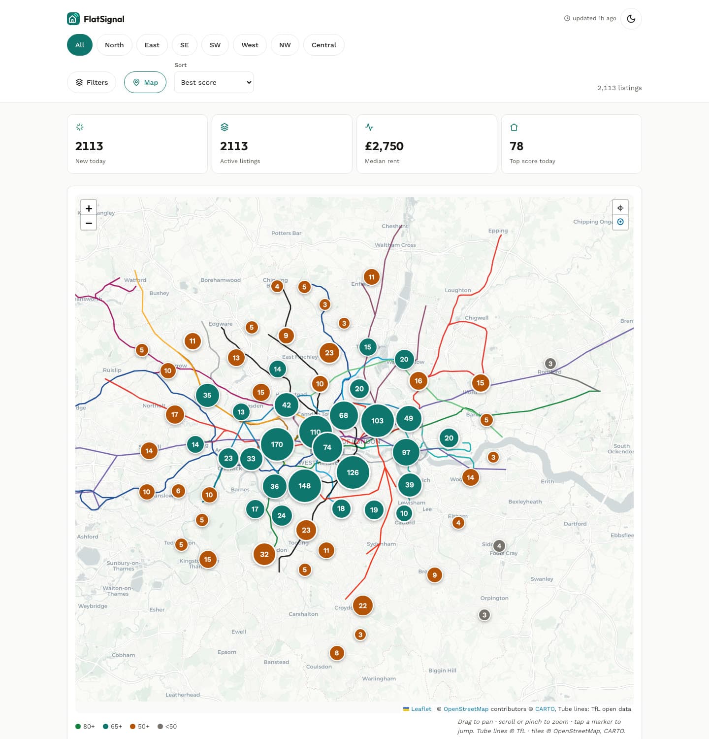 FlatSignal London map — real basemap with the full tube network and listings clustered by score