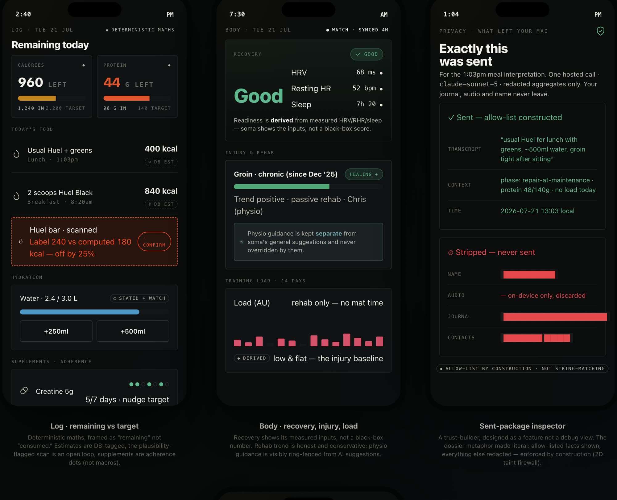 Hexis — iPhone screens: log, body, privacy inspector