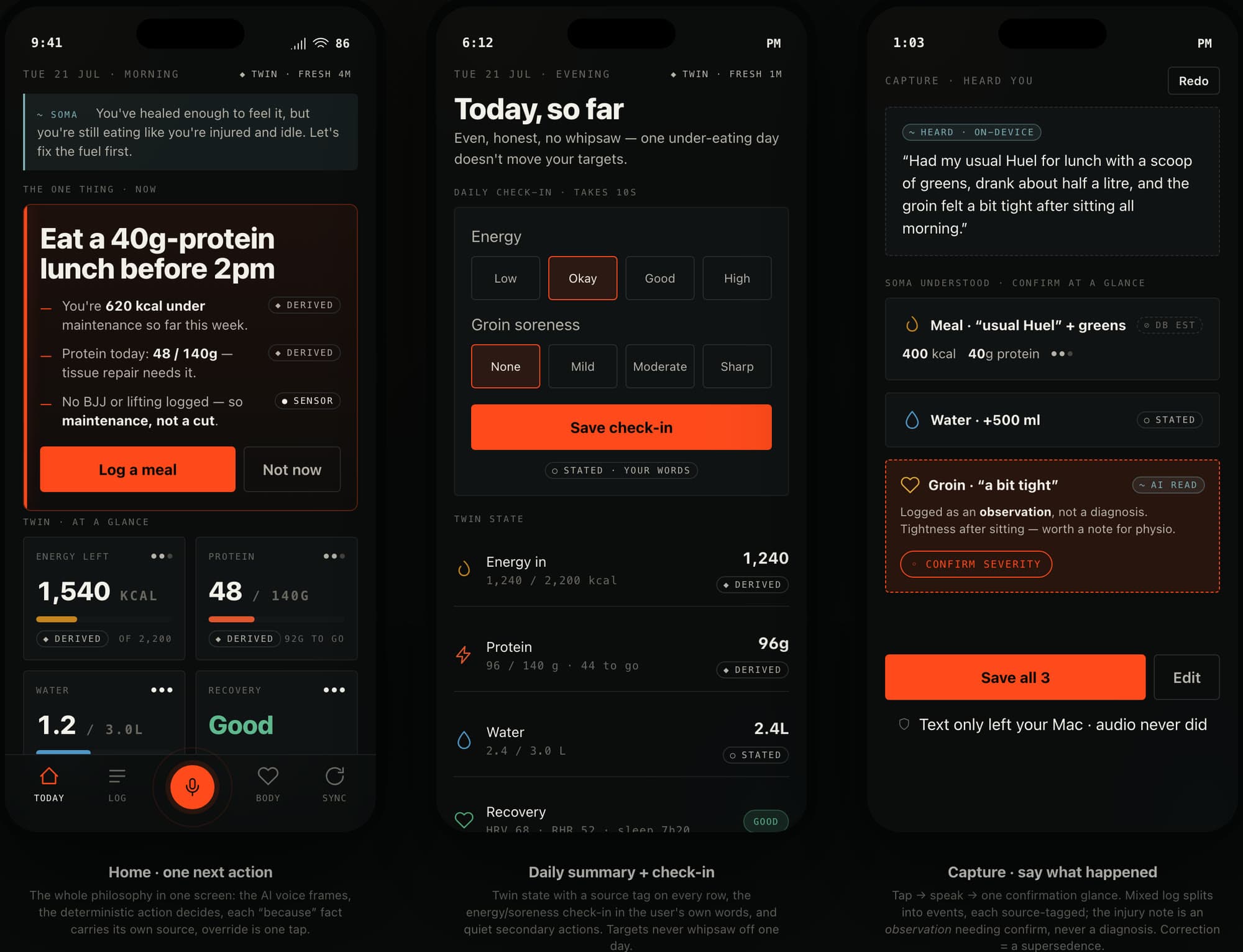 Hexis — iPhone screens: home, daily summary, capture