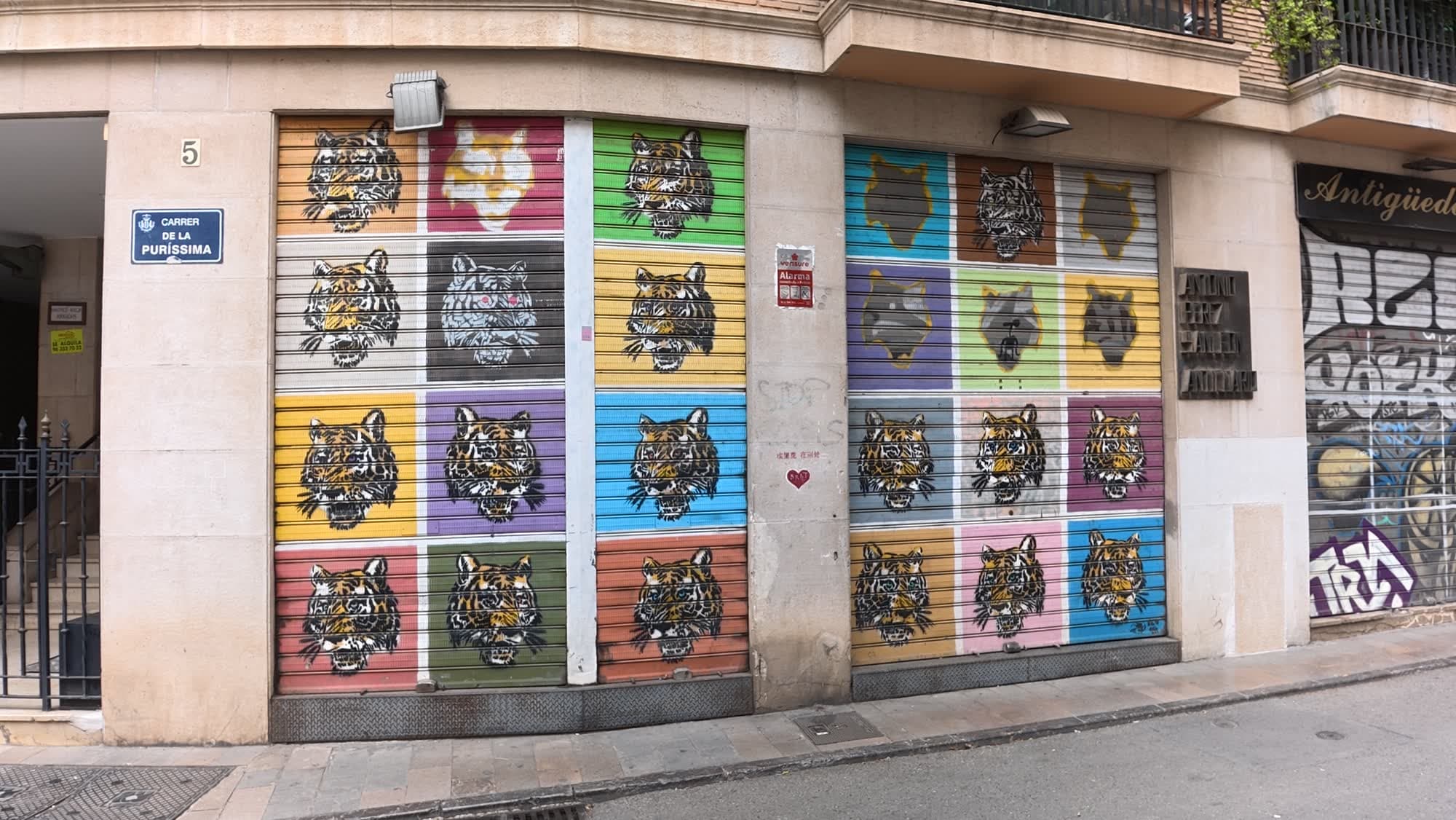 Roller shutters painted with rows of tiger heads on Carrer de la Puríssima