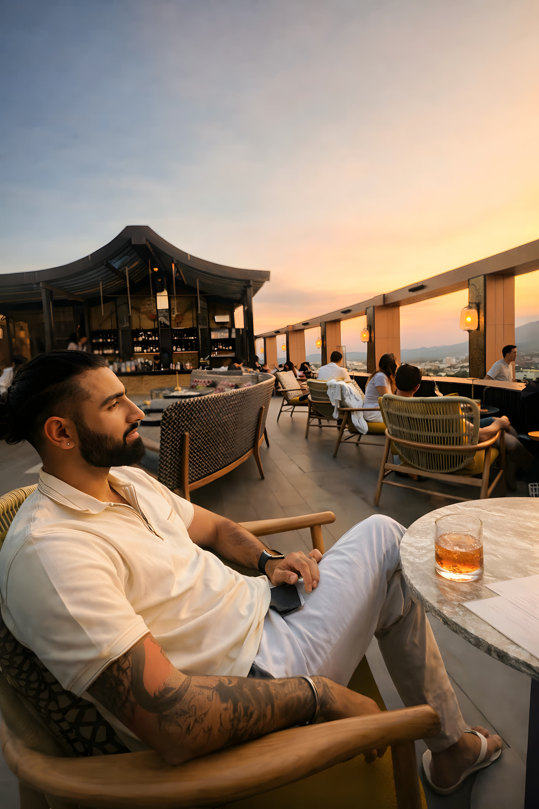 Rooftop bar at sunset.