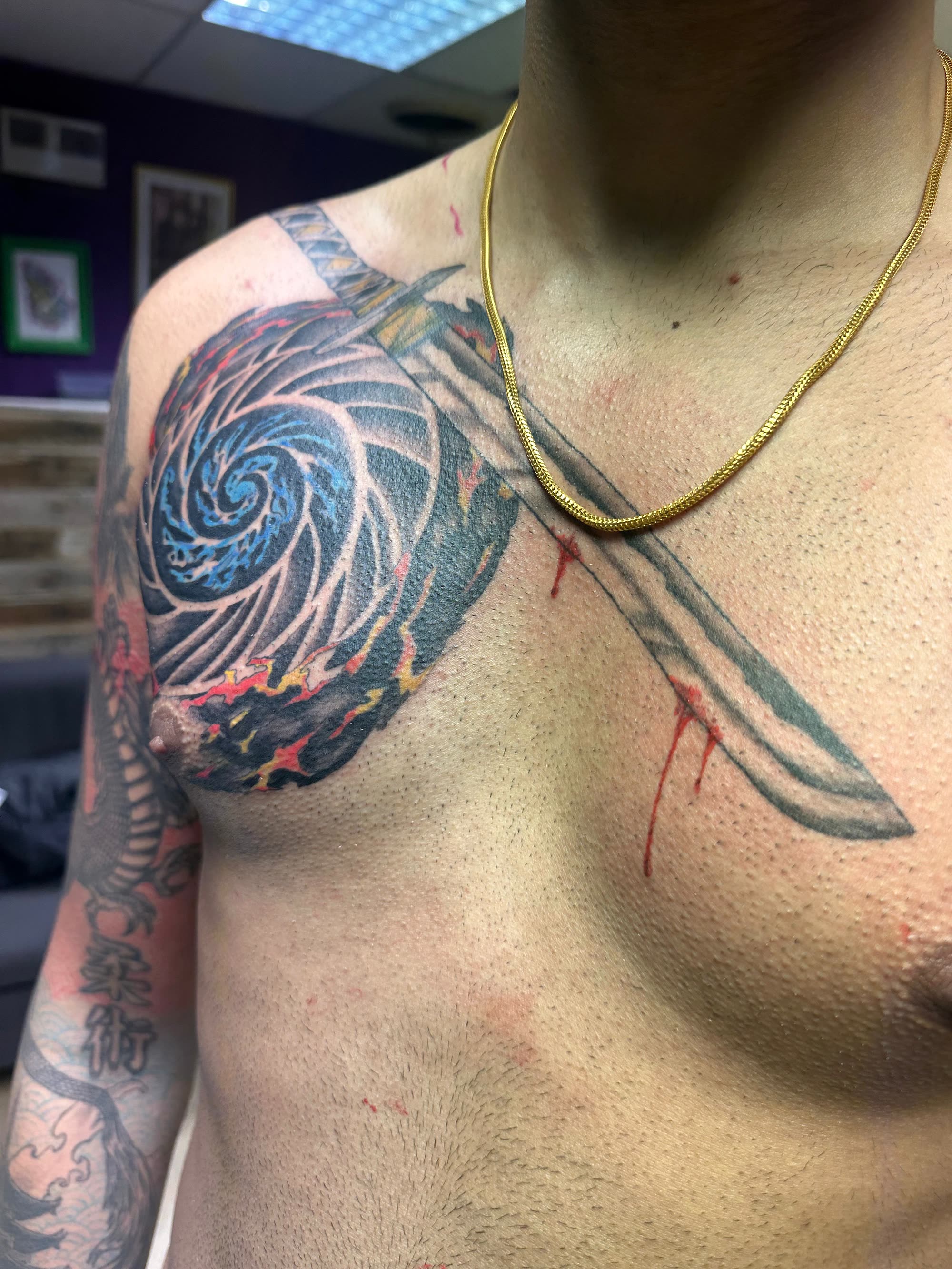 Chest — katana and spiral with full colour