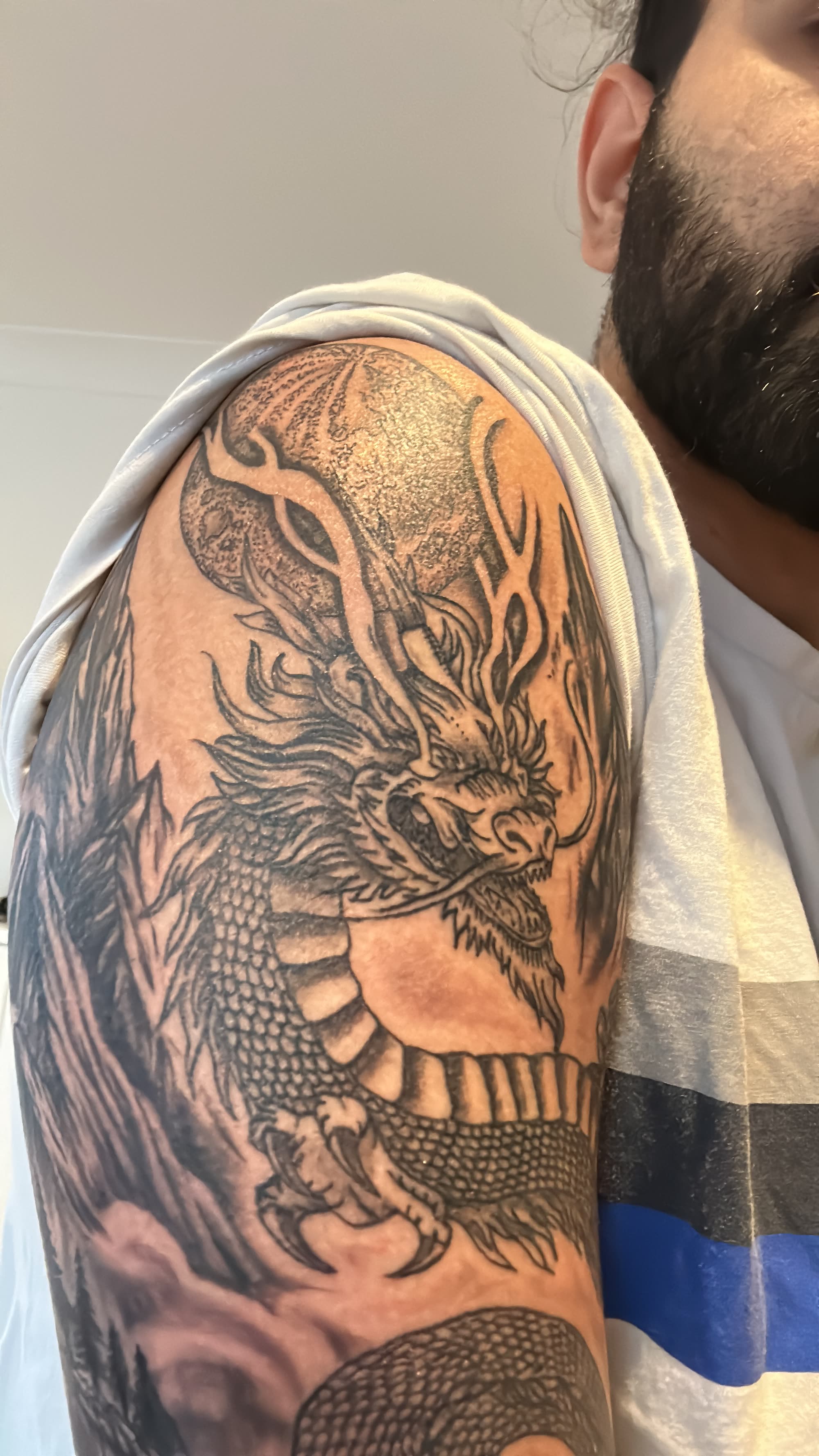 Dragon — completed with moon and mountains