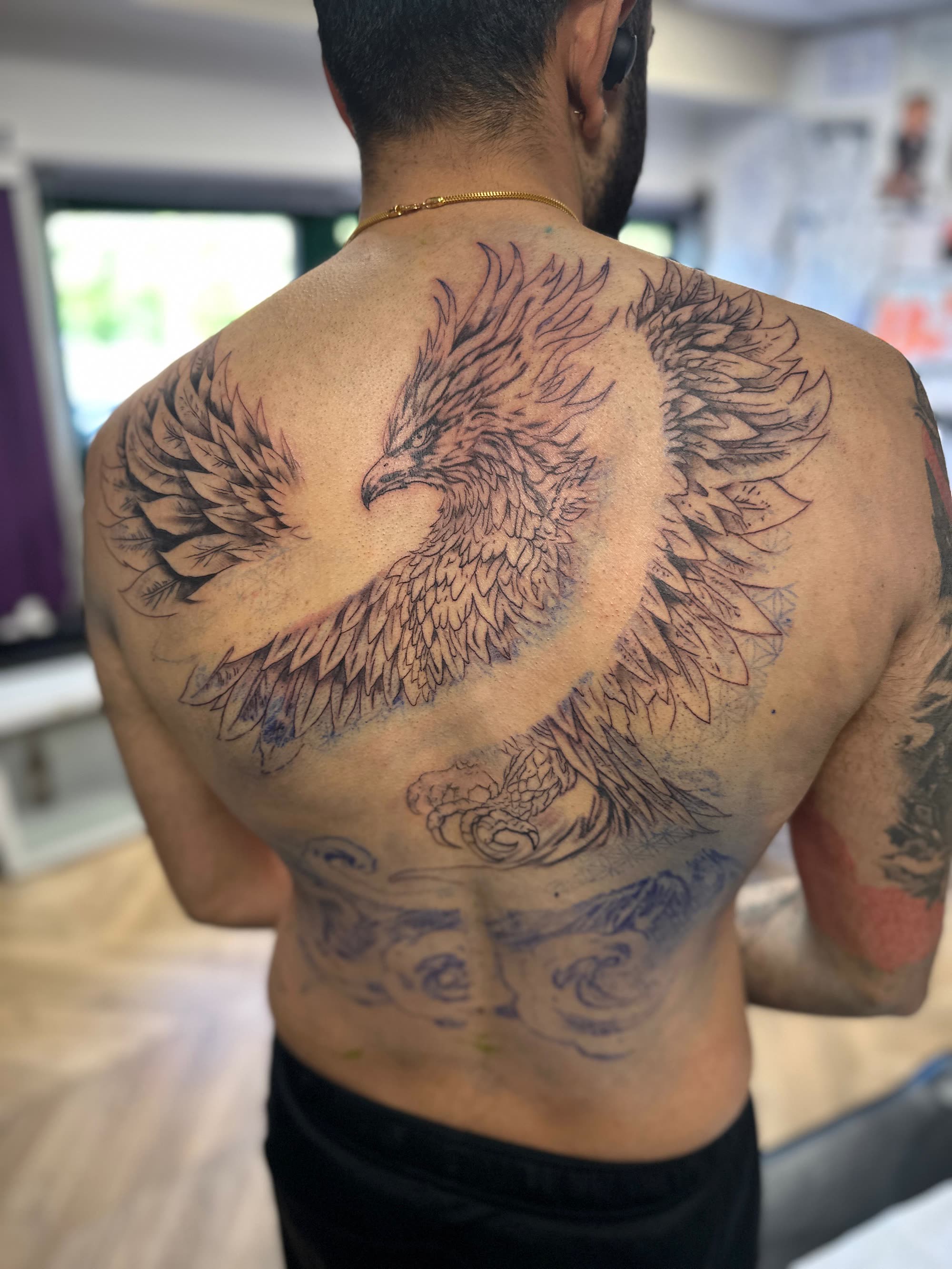 Phoenix — back piece, outlined and in progress