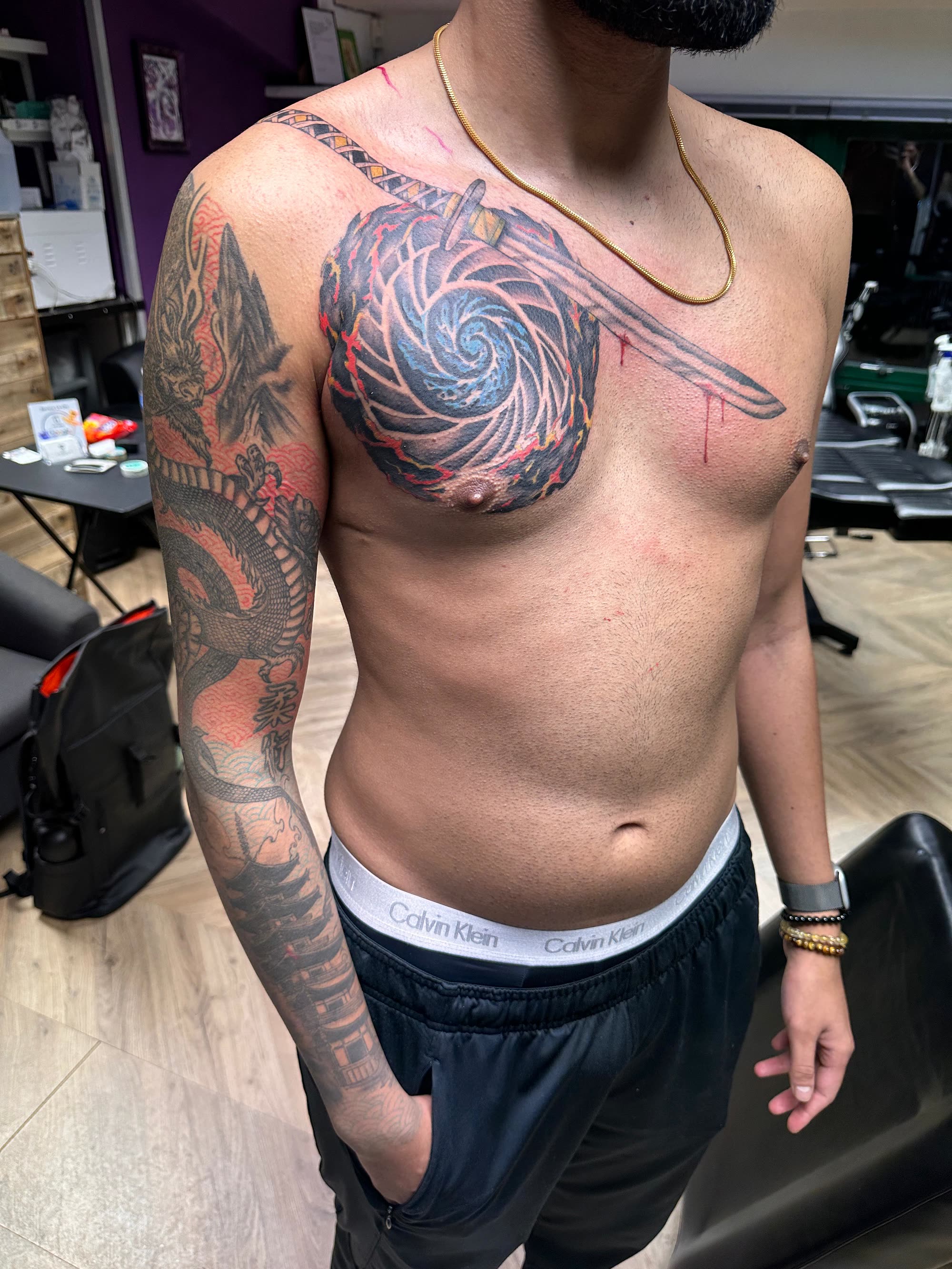Full showcase — completed chest and sleeve together